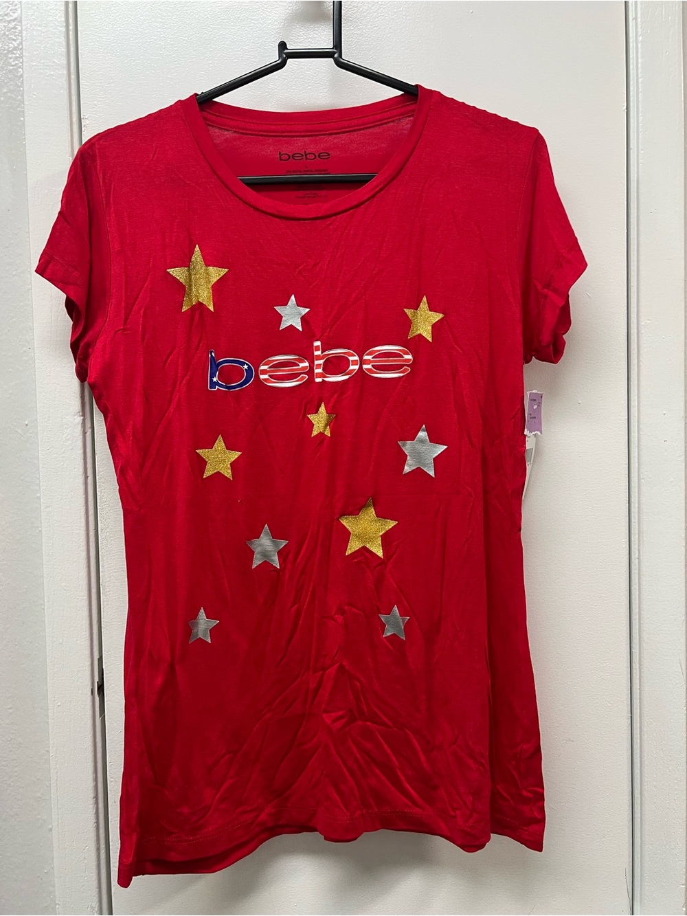 NWT - Bebe American Flag Logo Star Graphic Tee Red Short Sleeve T Shirt - Size L